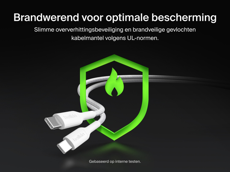 De Belkin BoostCharge Pro gevlochten USB-C/2x USB-C-kabel heeft een brandwerende constructie met real-time beveiliging tegen oververhitting ten behoeve van veilig opladen met maximaal 140 W.
